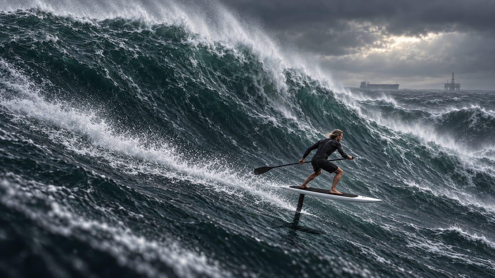Concept art: the rider carves down a huge grey-green storm swell, a cargo ship and an oil platform on the horizon