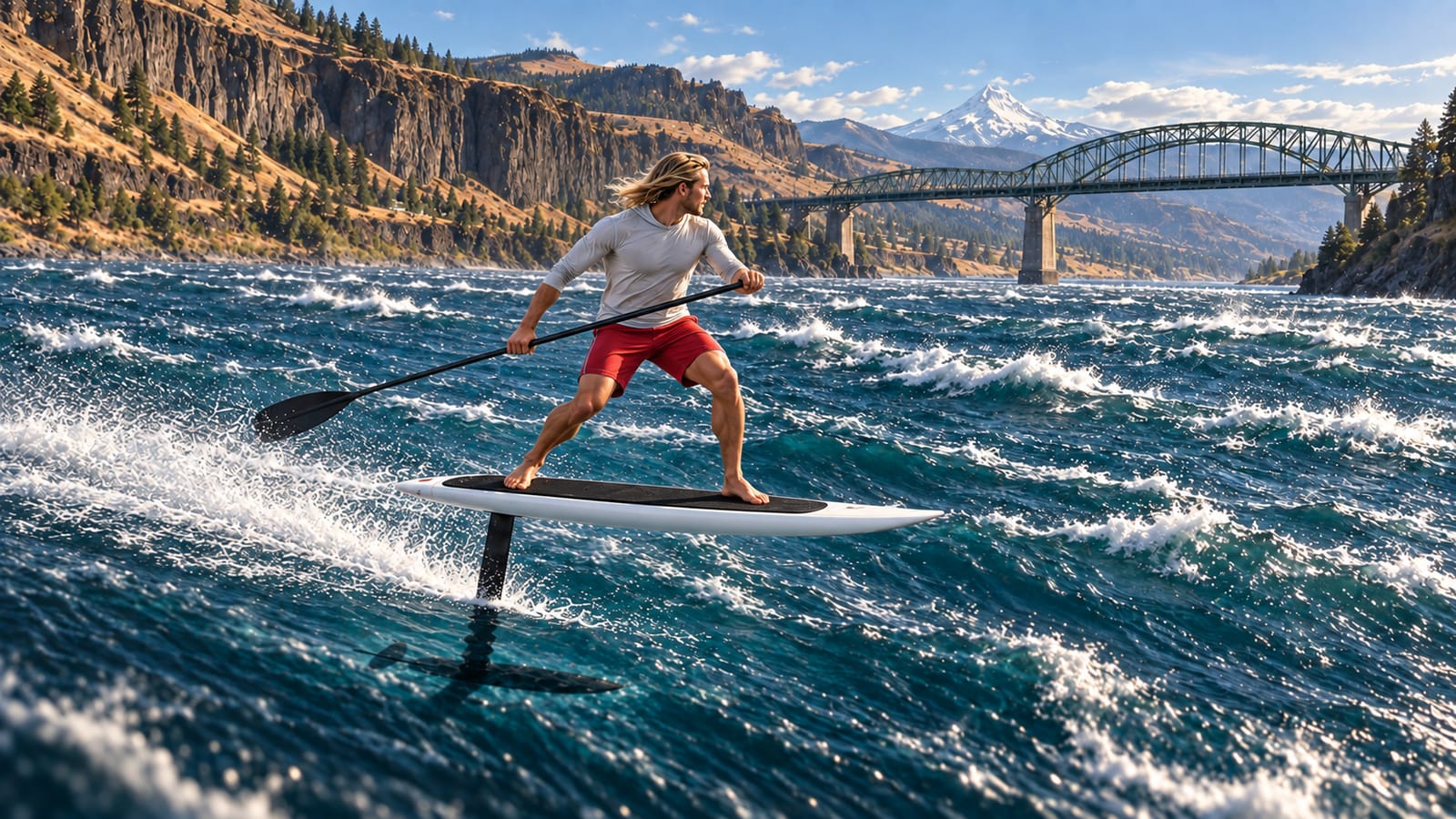 Concept art: the rider foils down steep river chop toward a steel arch bridge in the Columbia Gorge, Mount Hood on the horizon